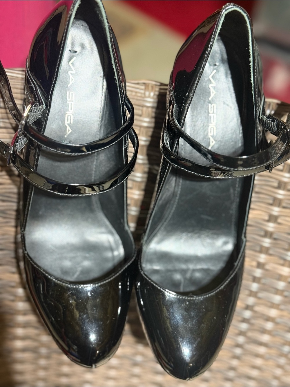 Via Spiga Black Patent Double-Strap Pointed Toe Pumps